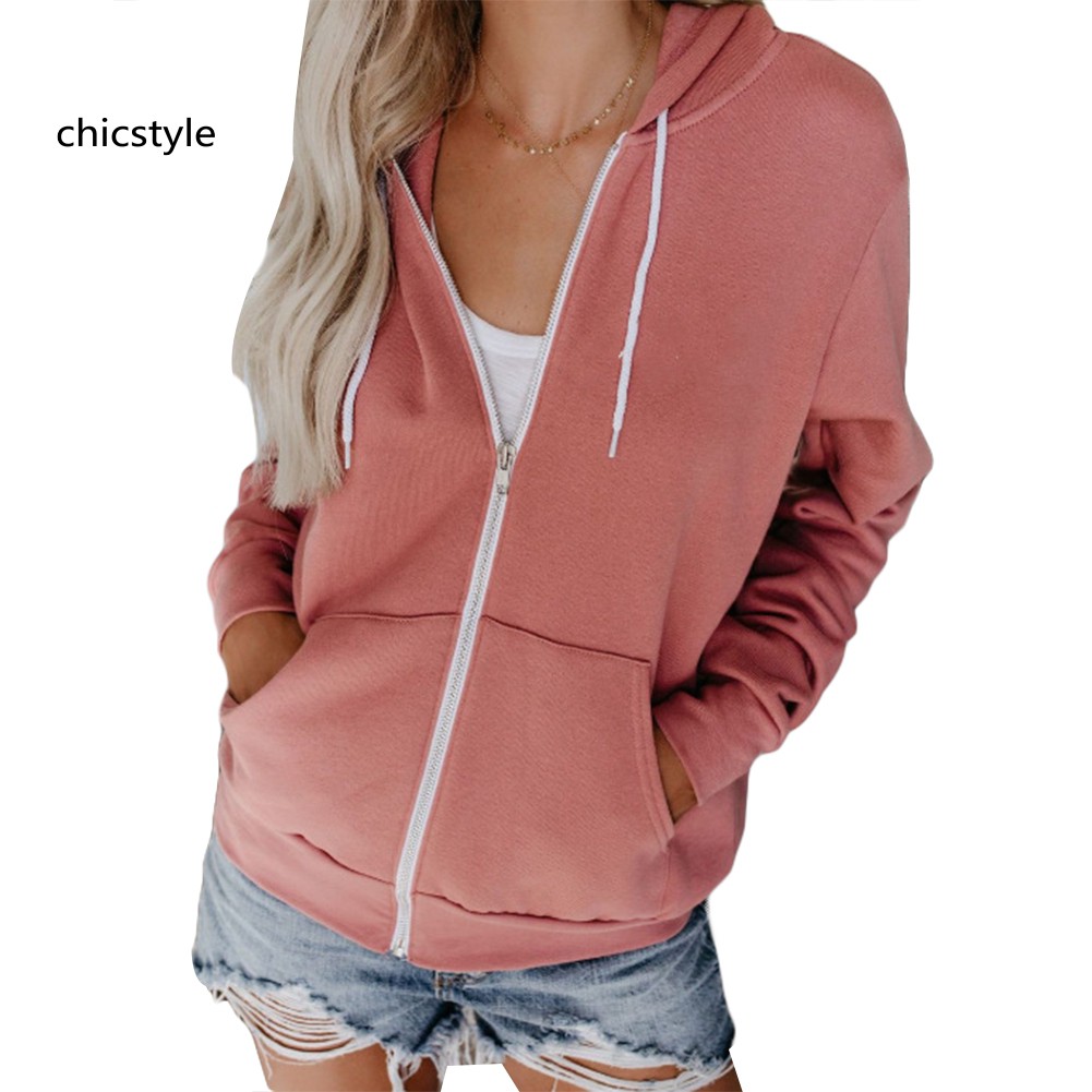 ♛WY♛Sports Women Solid Color Long Sleeve Hoodies Zipper Hooded Sweatshirt Jacket