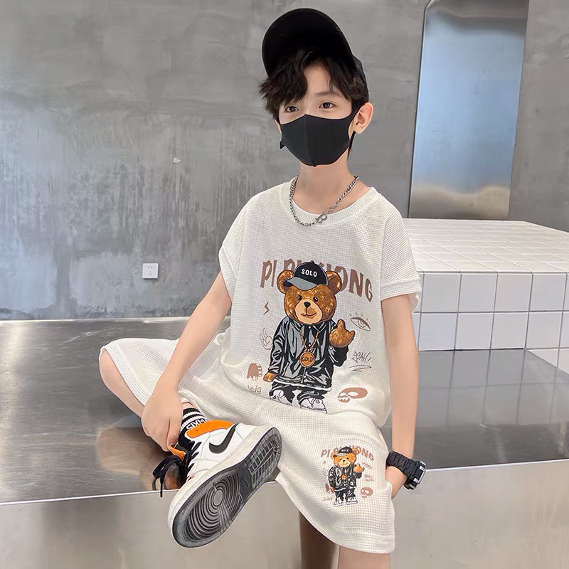 Bộ đồ bé trai Con Xinh cotton sát nách hình in GẤU SOLO,thời trang mùa hè dành cho trẻ em từ 4 đến 10 tuổi