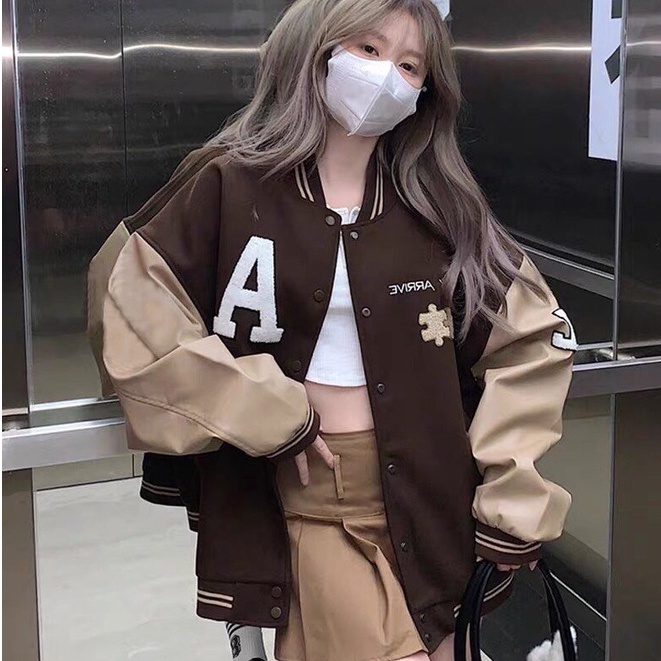 Áo Khoác Nam Nữ, Áo Khoác Bomber Chữ A Chất Nỉ Hoạ Tiết Thêu Màu Nâu Tây Siêu Xinh