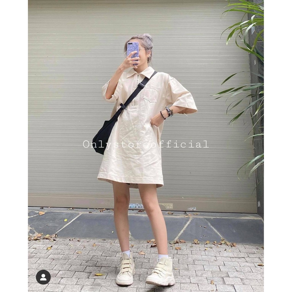 Váy suông polo kaki,váy polo nữ Đầm dáng suông màu be trơn tay lỡ cá tính Ulzzang 🌸 | BigBuy360 - bigbuy360.vn