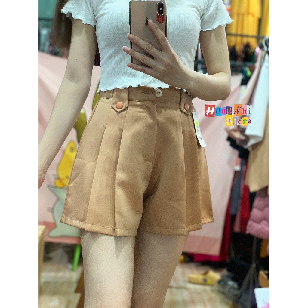 Quần Đùi Nữ Cạp Cao Xếp Ly Ống Rộng Dây Kéo, Quần Short Nữ Lưng Cao