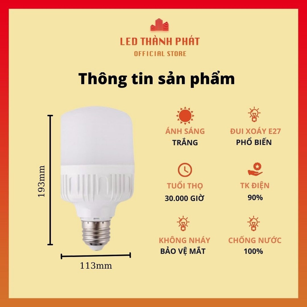 COMBO 5 Bóng đèn LED 40W siêu sáng tiết kiệm điện chống nước, LED BULB trụ chính hãng LINH PHI BH đổi mới 6 tháng