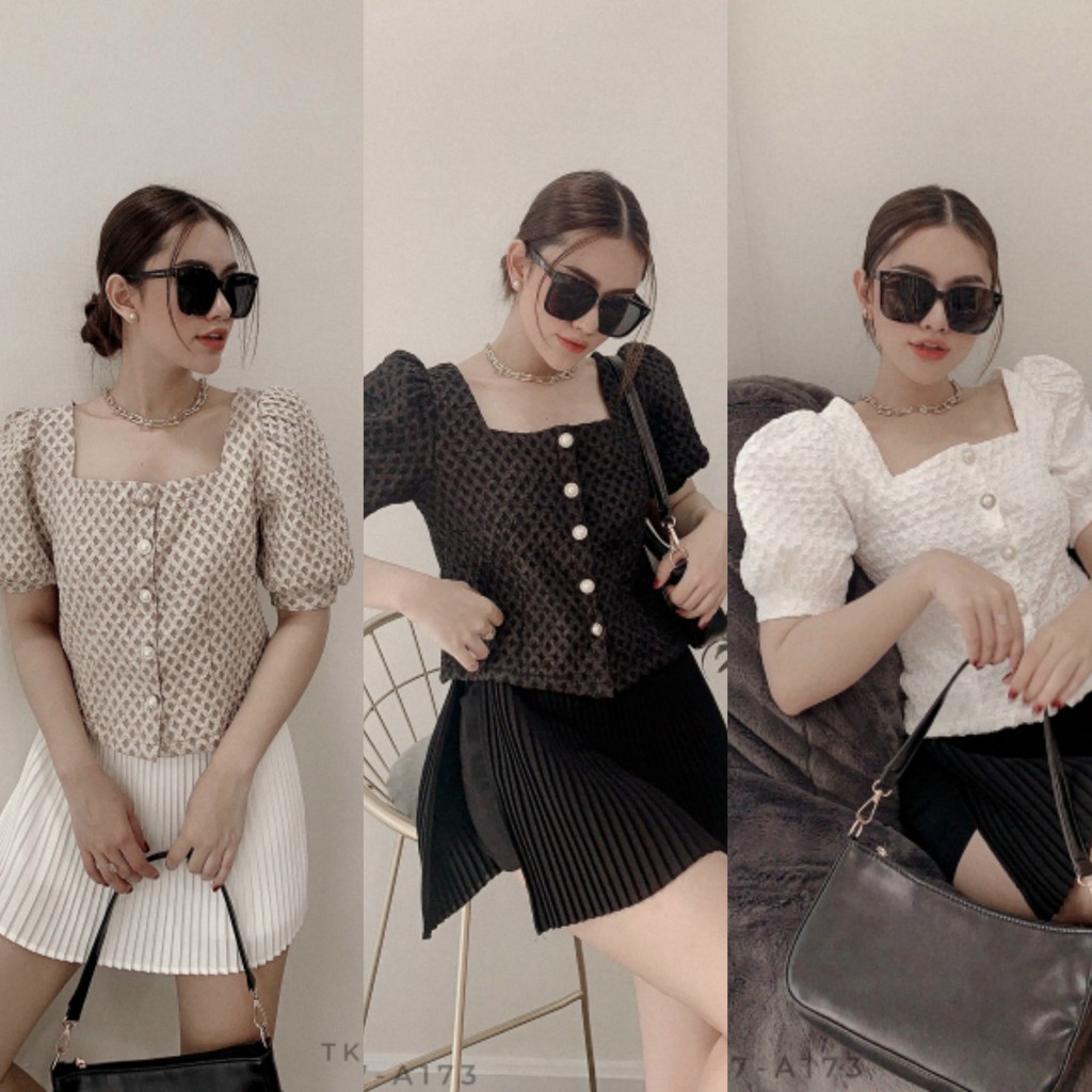 Áo cổ vuông tay phồng công sở thanh lịch