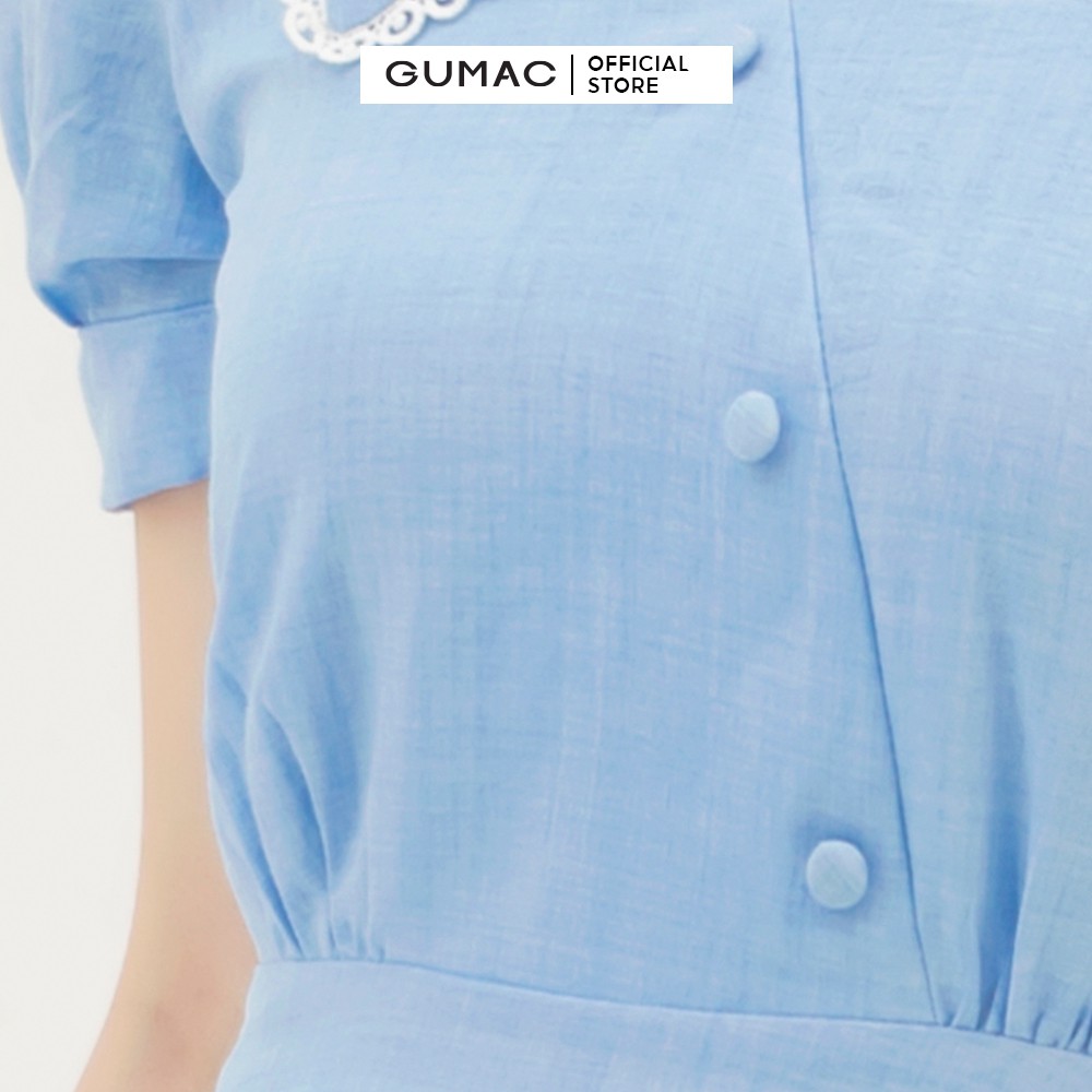 Đầm xòe nữ cổ viền đăng ten GUMAC màu xanh, đủ size, phòng cách thanh lịch, sang trọng DB310