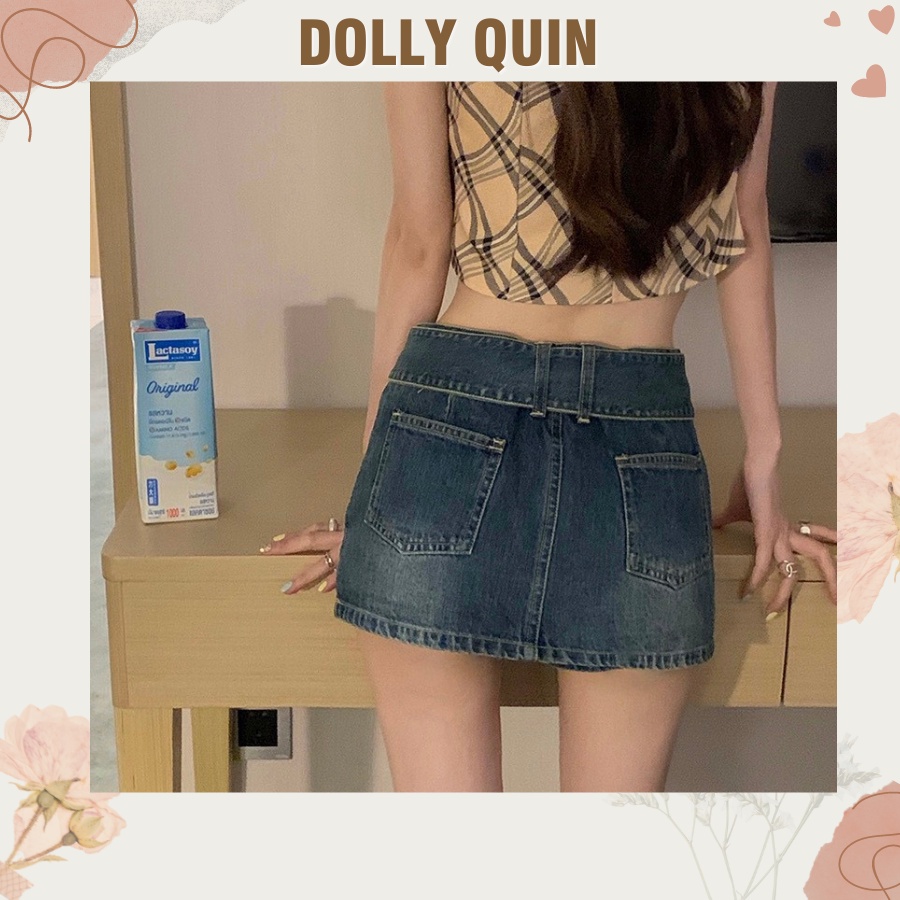 Chân váy bò chữ A cạp cao chân váy jeans ngắn có quần trong kèm đai thời trang cá tính CV006 Dolly Quin