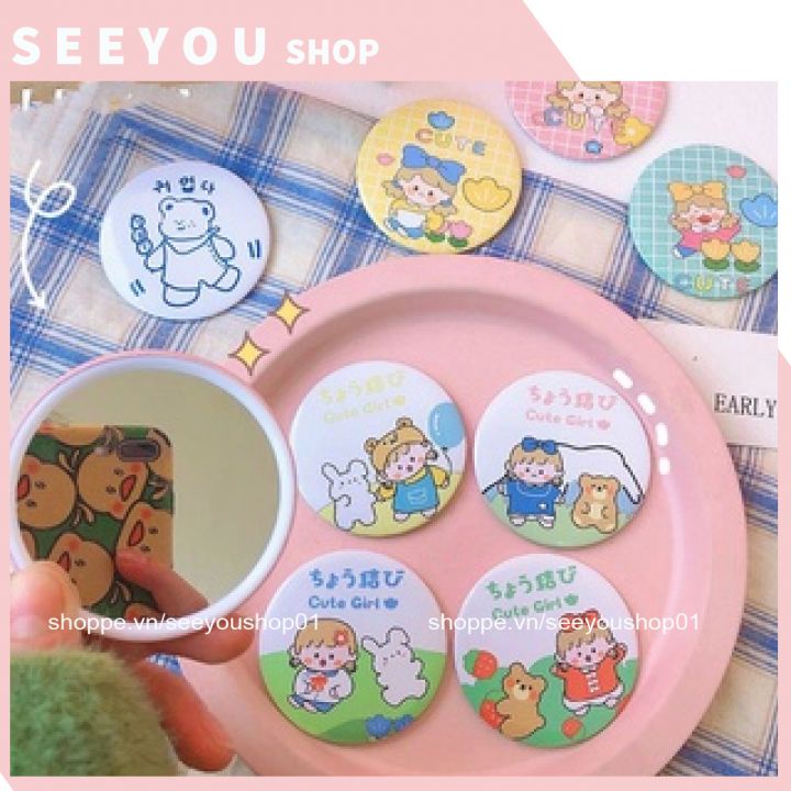 Gương Mini Bỏ Túi Hình Gấu , Thỏ, Cô Gái , Bò Sữa Cute Loại 1 Dày Dặn, Sắc Nét
