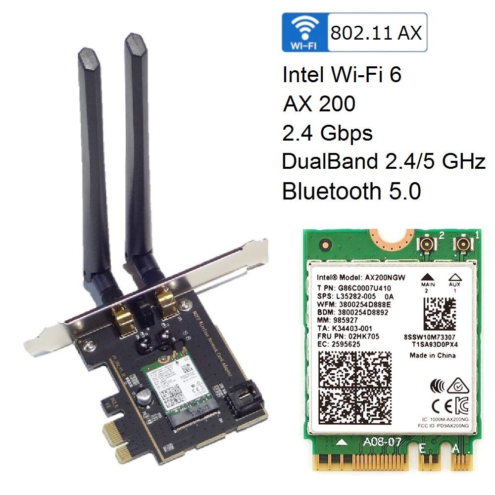 Card WiFi Intel AX200 802.11ax (2400Mbps) Wi-Fi 6, Bluetooth 5.0 khe PCIe-1x cho Máy Bàn - PC