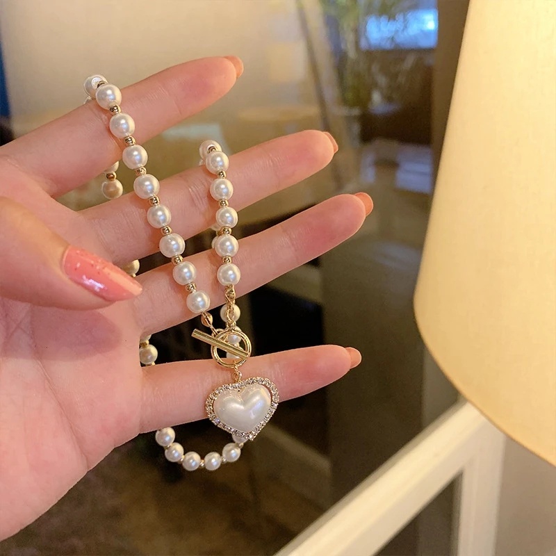Dây Chuyền / Vòng Cổ Choker Mặt Trái Tim Pha Lê Ngọc Trai Nhân Tạo Lãng Mạn Sang Trọng Nhẹ Nhàng