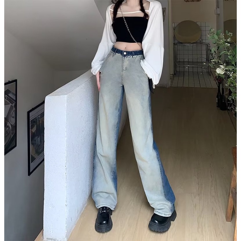 【ZHELIHANGFEI】Quần Jean Ống Rộng Lưng Cao Màu Gradient Theo Phong Cách Retro Dễ Phối Đồ