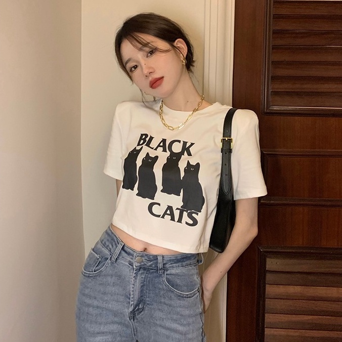 Áo Thun Dệt Kim Ngắn Tay Hở Eo In Họa Tiết Dễ Thương