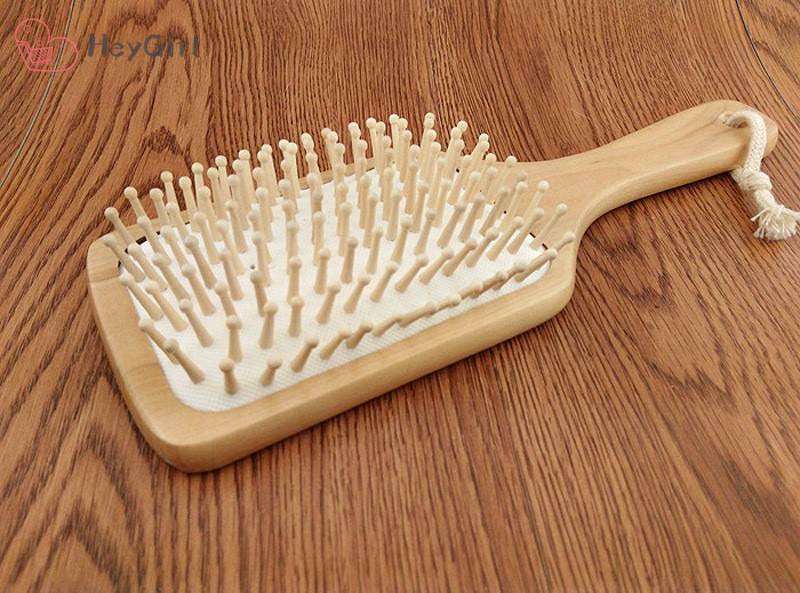 Natural Bamboo Paddle Cushion Massage Hair Brush Ball-Tipped Wooden Bristles