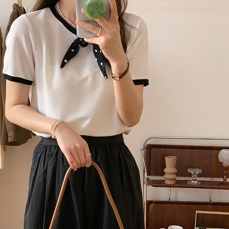 Áo Thun Dệt Kim Tay Ngắn Thắt Nơ Họa Tiết Chấm Bi Dành Cho Nữ  tao bao