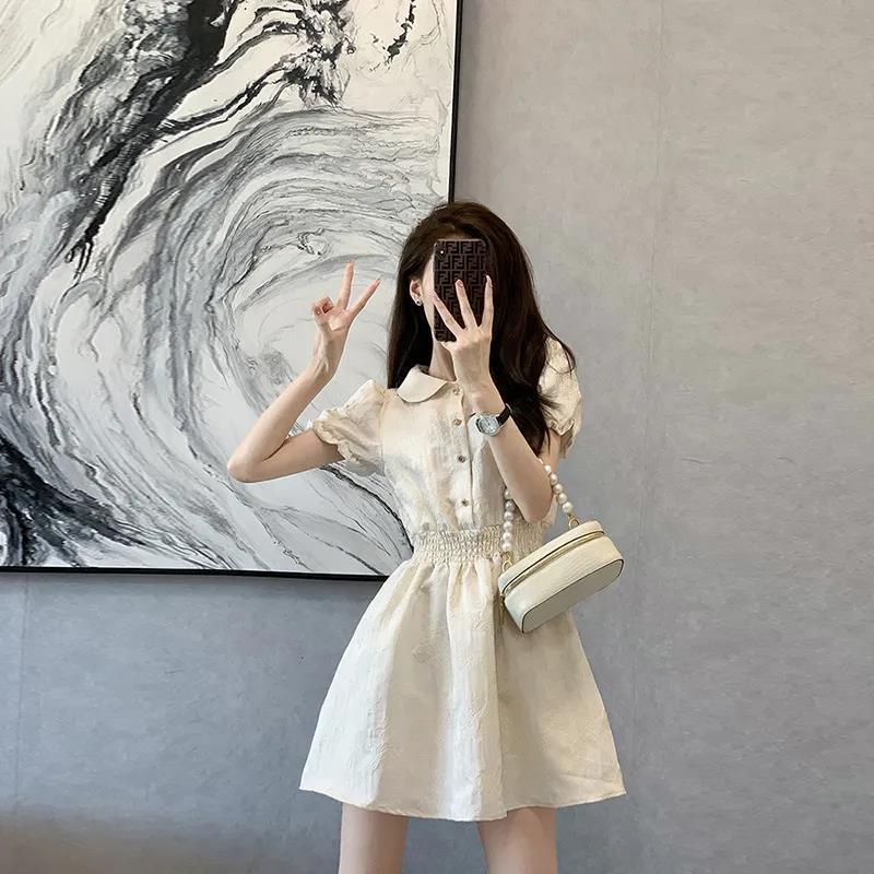 Mới Đầm Cổ Polo Tay Phồng Màu Cà Phê Phong Cách Pháp Ngọt Ngào