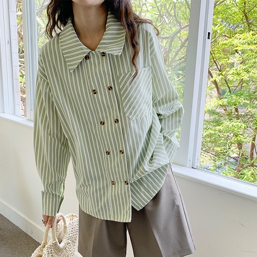 【ZHELIHANGFEI】Áo Sơ Mi Nữ Tay Dài Kẻ Sọc Thời Trang Thanh Lịch
