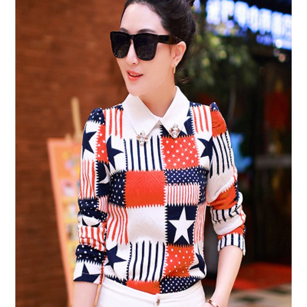 Thời Trang Nữ, áo voan nữ cổ đính hạt ngôi sao