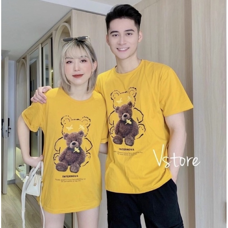 Áo Thun Cặp Nam Nữ Màu Vàng Hoạ Tiết Gấu Chất Cotton Mịn Co Giãn Thoáng Mát