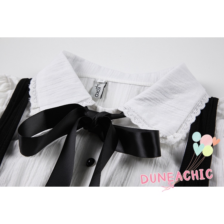 DUNEA Đầm Tay Ngắn Cổ Polo Xếp Ly Phối Dây Thắt Nơ Xinh Xắn Cho Nữ