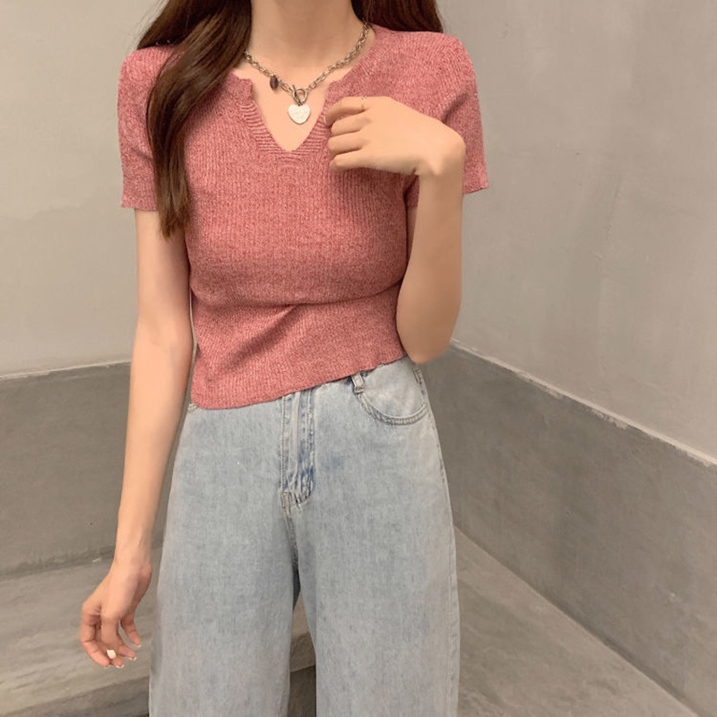 Áo thun IELGY tay ngắn cổ chữ V dáng ôm thời trang cho nữ