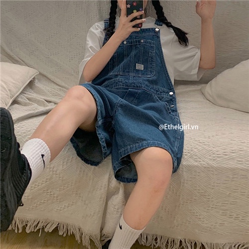 Quần Yếm denim Lưng Cao Ống Rộng Phong Cách retro Hàn Quốc