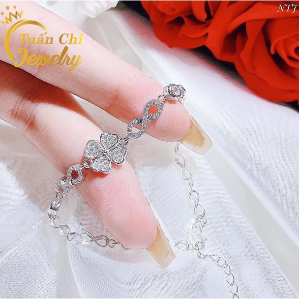 Vòng Tay Bạc Nữ Kiểu Dáng Cỏ 4 Lá May Mắn, Đính Đá Cực Xinh