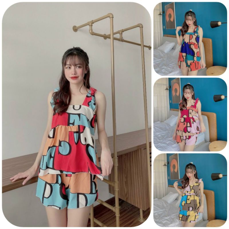 đồ mặc nhà tiểu thư quần đùi hoạ tiết lập thể