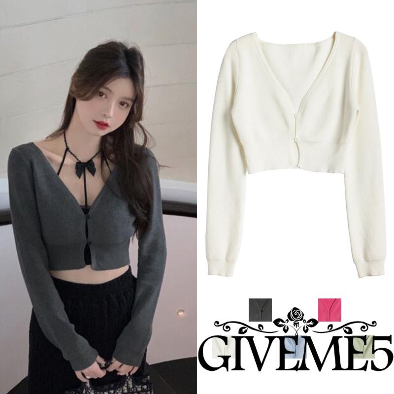 Áo Croptop Dệt Kim Tay Dài Cổ Chữ V Màu Trơn Thời Trang