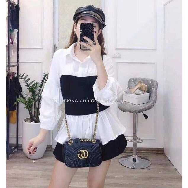 Áo sơ mi phối màu cổ bẻ kiểu babydoll xinh xắn