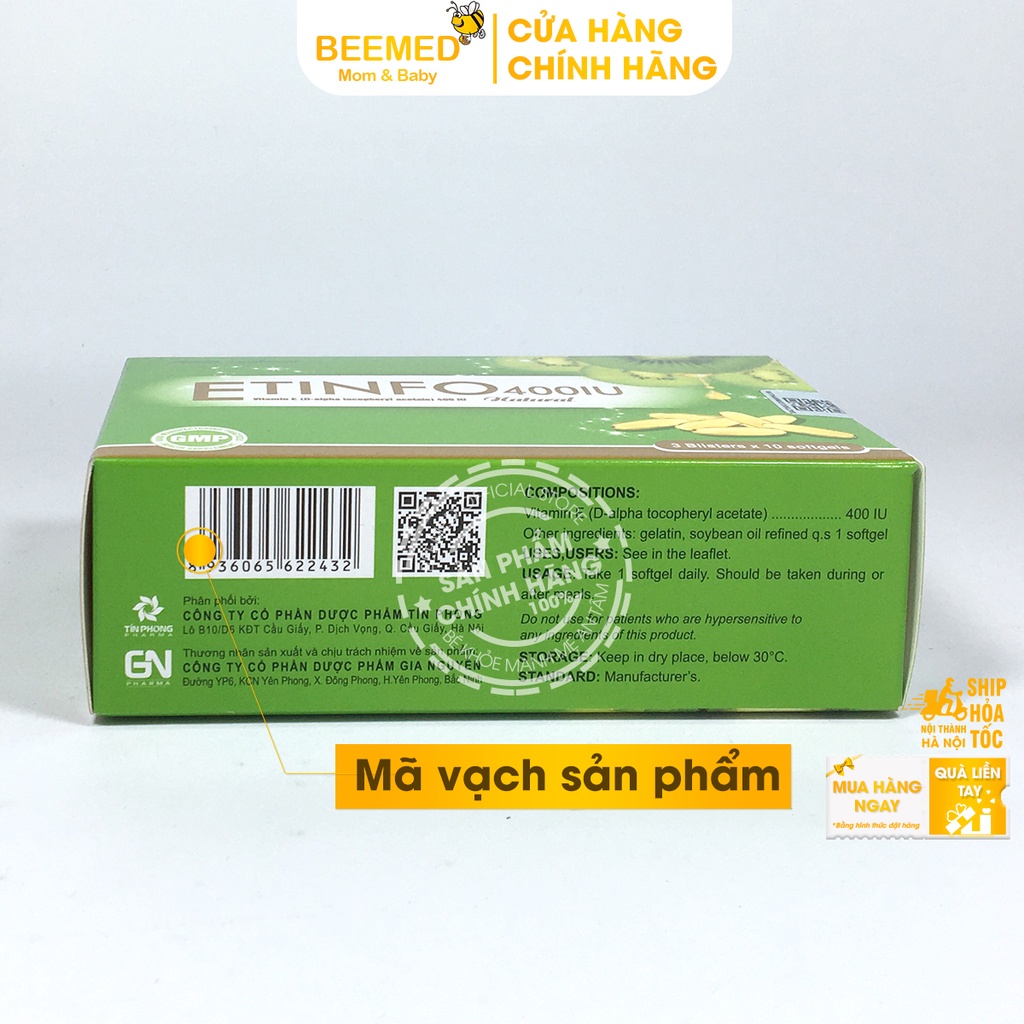 Viên uống Vitamin E 400 IU - bổ sung vitamin E tự nhiên, giúp ngăn ngừa lão hóa, đẹp da - Etinfo Hộp 30 viên