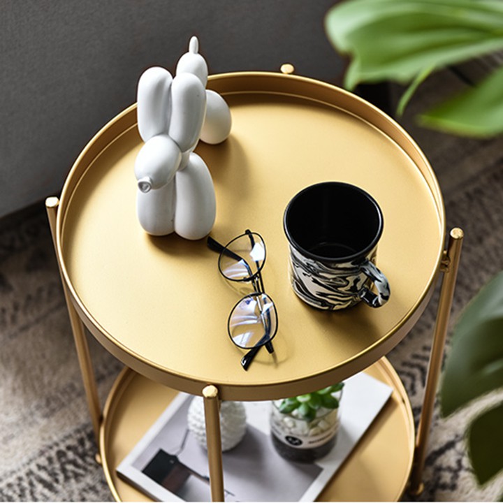 Bàn Trà Tròn Gấp Gọn 2 Tầng Đặt Góc Sofa Bằng Kim Loại, Bàn Cafe Ban Công Sân Vườn Ngoài Trời Nhiều Màu Sơn Tĩnh Điện