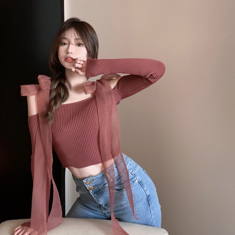 Áo Len Dệt Kim Gợi Cảm Mới Mùa Thu Của Phụ Nữ Áo Sơ Mi Đáy Thời Trang Phong Cách Hàn Quốc