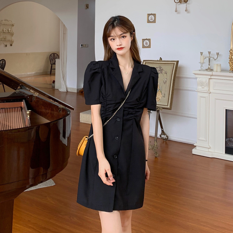 Spot  summer  new style  Korean version  design sense  drawstring  pleated  slim  niche suits  dresses