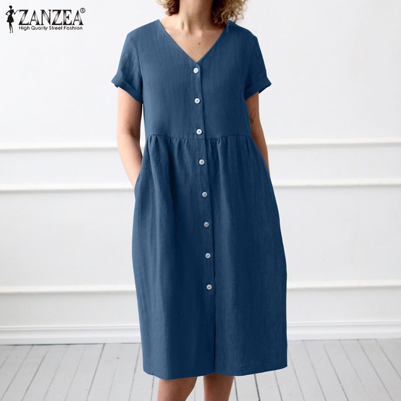 Zanzea Đầm Nữ Ngắn Tay Cổ Chữ V Thời Trang Châu Âu