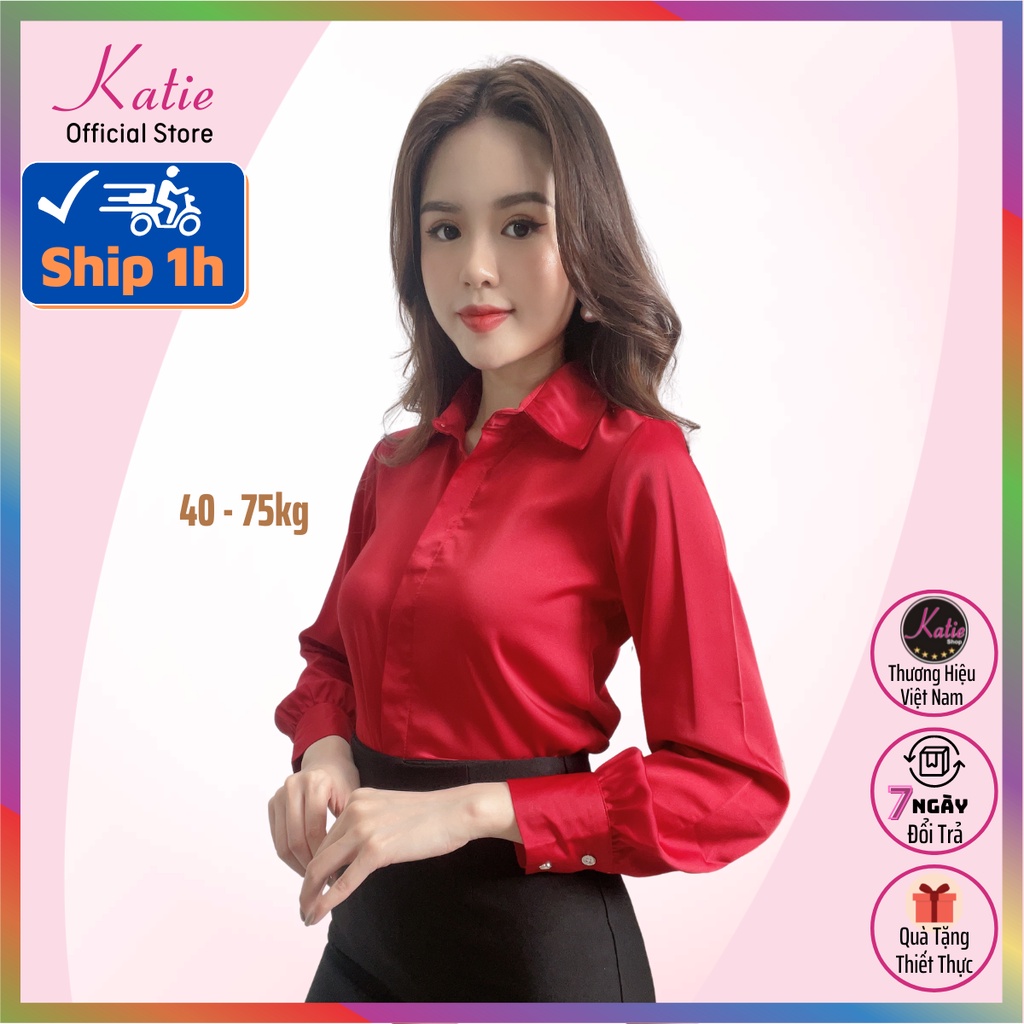 Áo Sơ Mi Nữ Màu Đỏ Katie Sơ Mi Tay Dài Chất Áo Lụa Ngọc Trai Cao Cấp Nhiều Màu Sang Trọng Mềm Mịn Không Nhăn Al