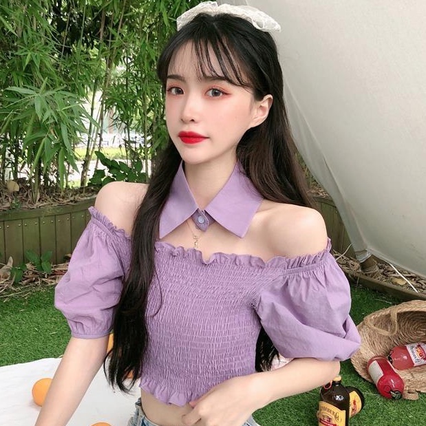 Áo Sơ Mi Tay Ngắn Phồng Trễ Vai Màu Tím Phong Cách Hàn Quốc Thời Trang Mùa Hè Mới Cho Nữ