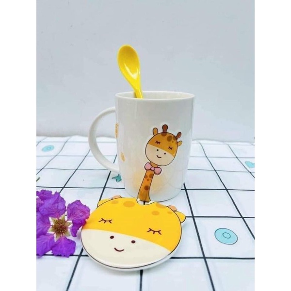 Cốc sứ có quai có nắp tặng kèm thìa dùng uống cafe trà,...chất sứ cao cấp hàng đẹp giá rẻ