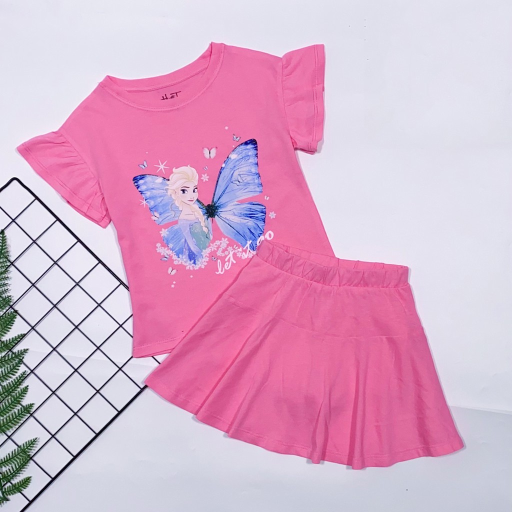 Bộ áo thun tay loe in công chúa elsa và váy quần điệu đà bé gái