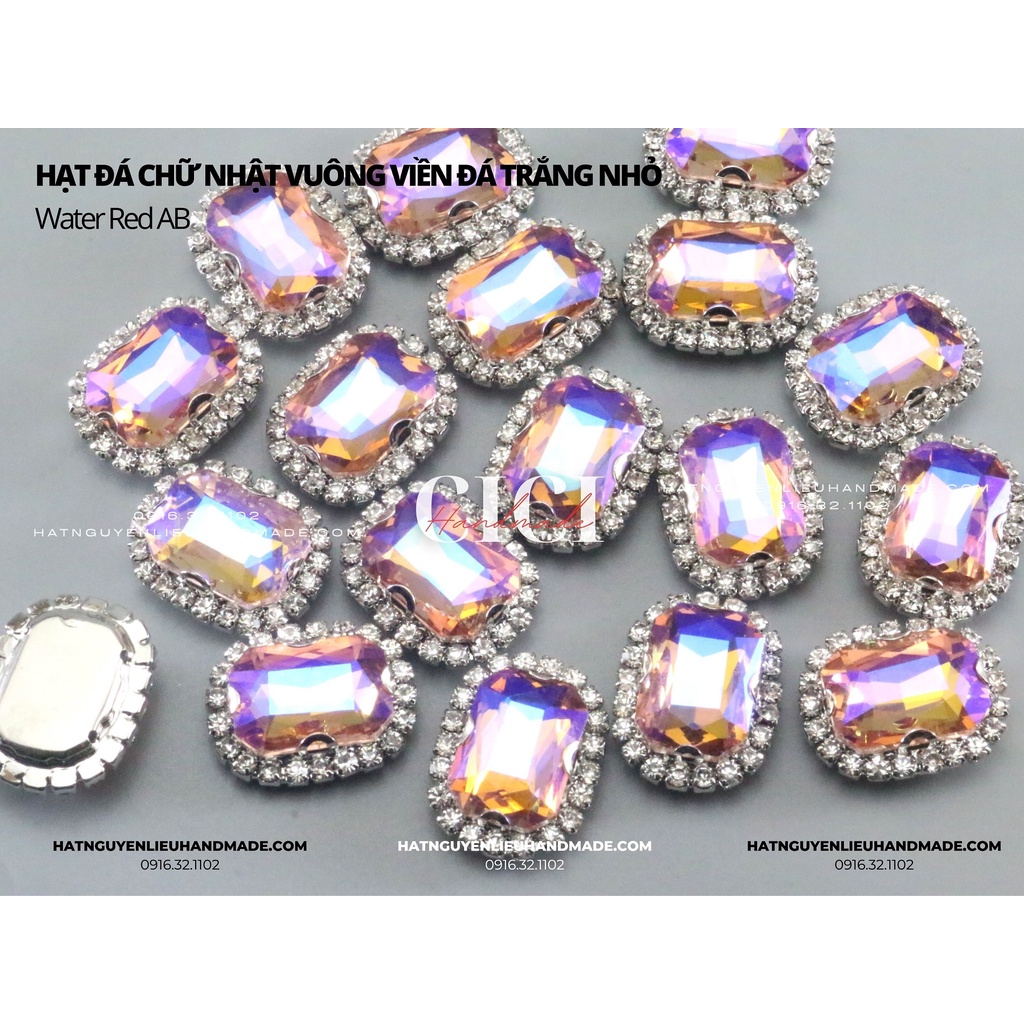 Đá Chữ nhật vuông viền đá trắng nhỏ đế BẠC link 1/2 có lỗ khâu có lỗ khâu Cici Handmade nguyên liệu DIY hạt đính kết