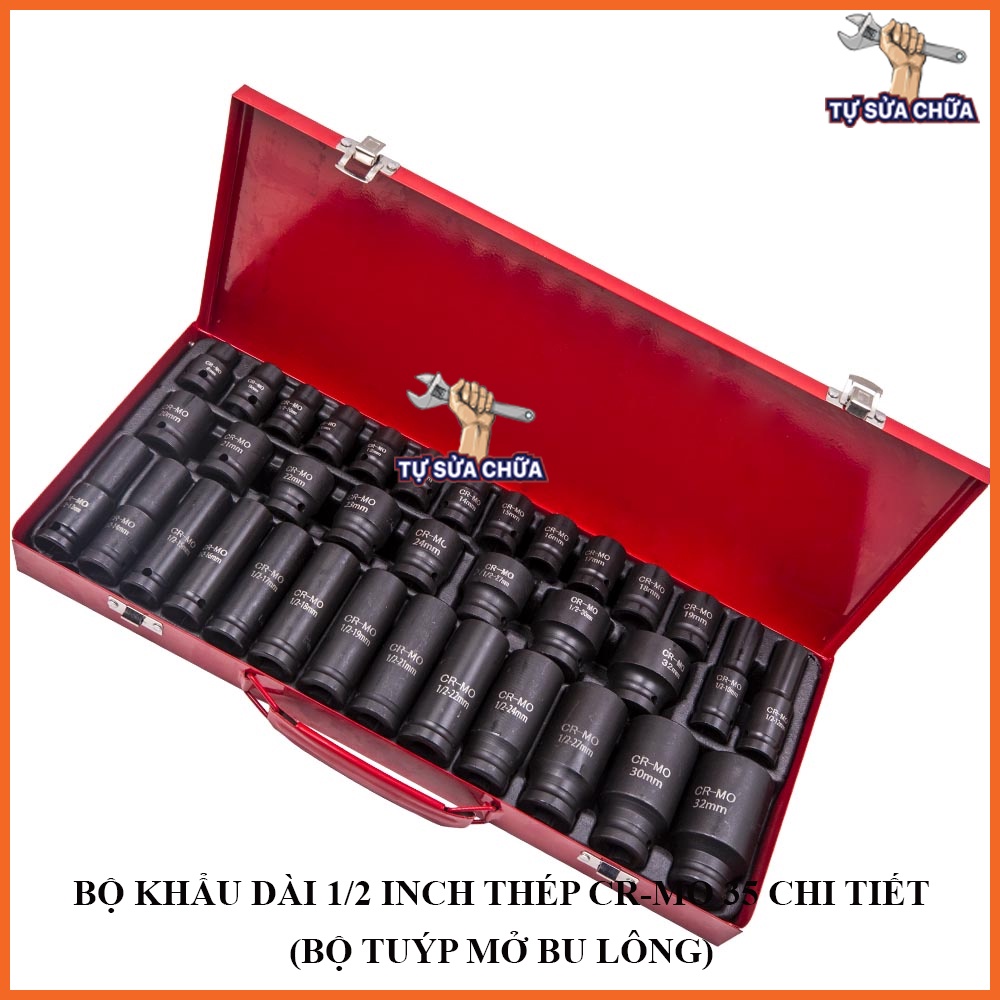 Bộ tuýp khẩu đen 1/2 inch thép CR-Mo 35 chi tiết đủ size kèm hộp sắt cao cấp