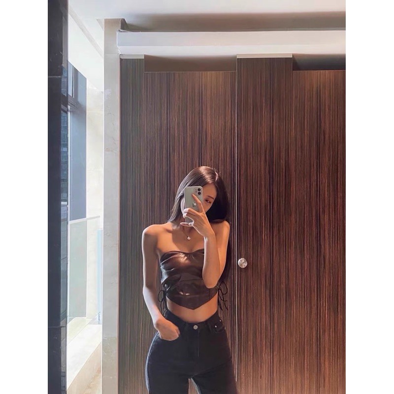Áo quây corset nữ da ôm có dây rút fit body vạt chữ V cá tính - ảnh thật khách mặc A50