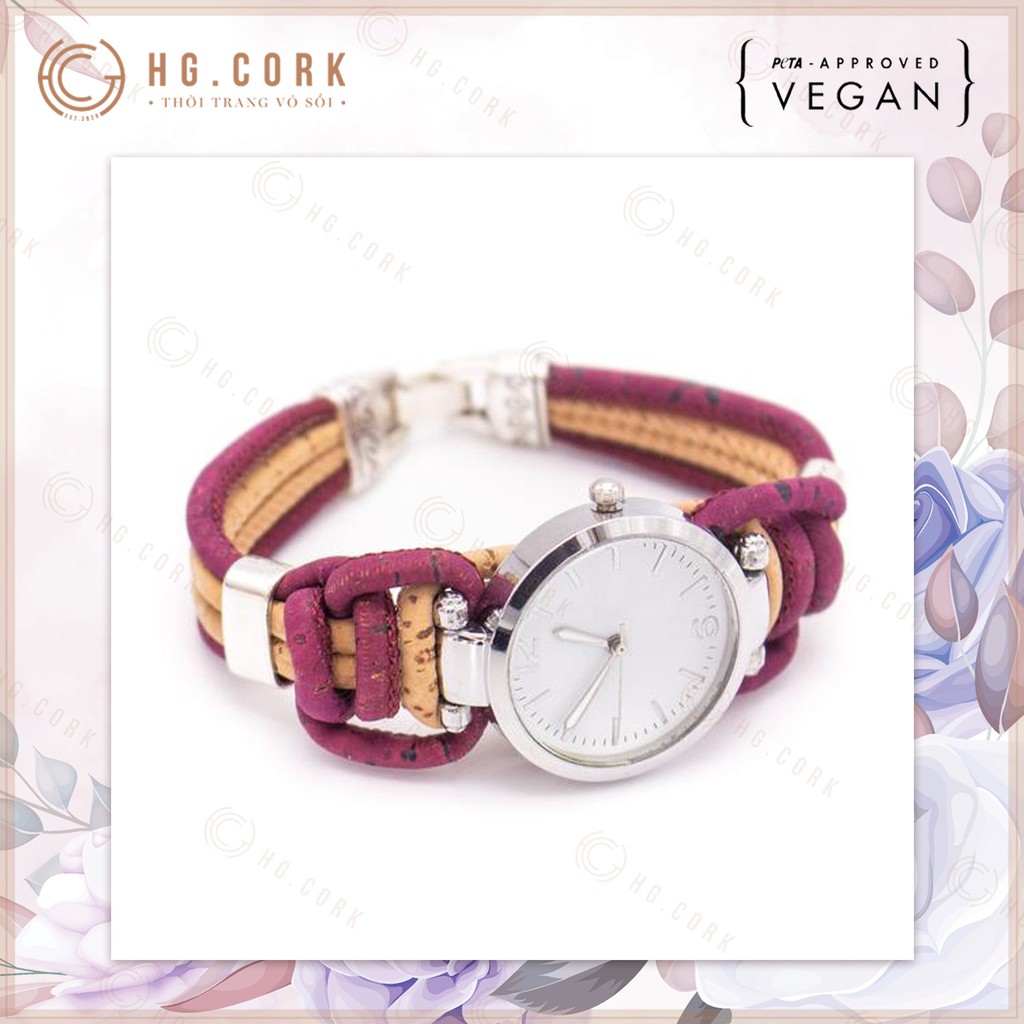 Đồng Hồ Nữ Thời Trang Cao Cấp Bồ Đào Nha HGcork DH4 Dây Đeo Bằng Da Thực Vật (Cork/Lie) Dạng Vòng Tay Tết Dây Màu Đỏ