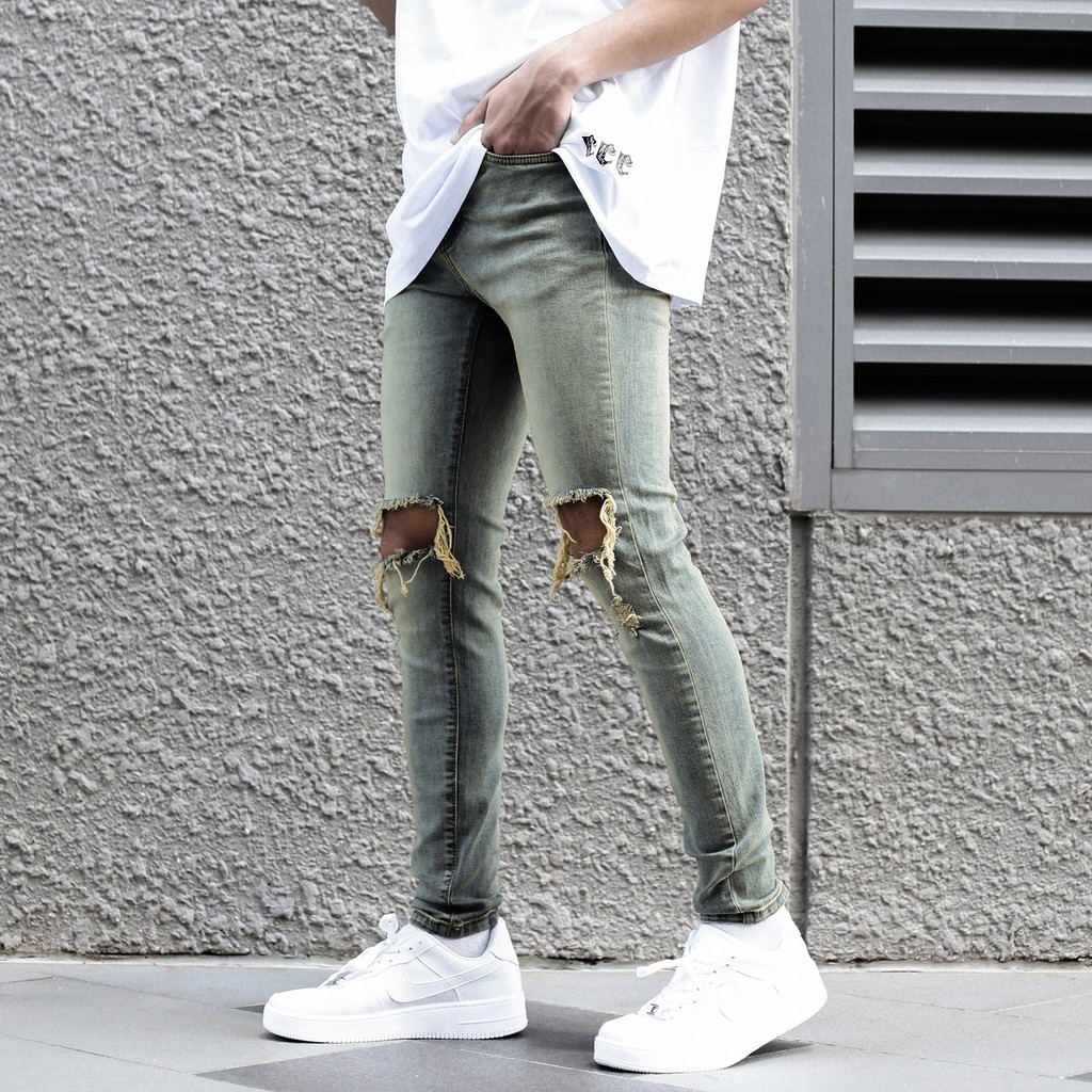 Quần Skinny Jeans Nam-Màu Xanh Bạc-Rách Gối To-Chất Liệu Cotton Co Giãn-Ống Đứng Dáng-Ống Ôm Chân Chuẩn Skinny | BigBuy360 - bigbuy360.vn