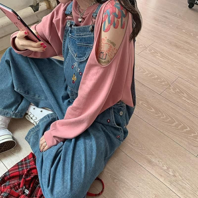 Quần yếm jean dài ống rộng thêu hình chó PLUTO DREAMY  🌿