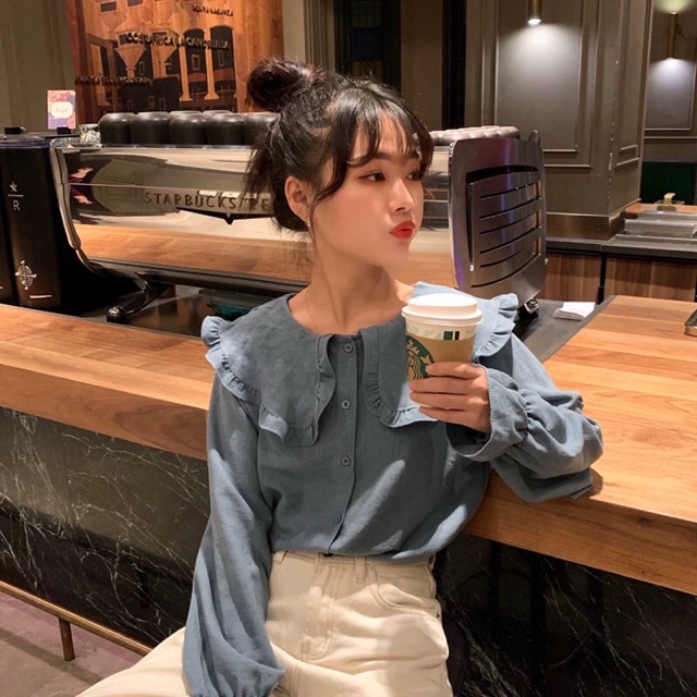 Áo thu ulzzang cổ bèo tay loe / Áo sơ mi nữ Hàn quốc tay bèo