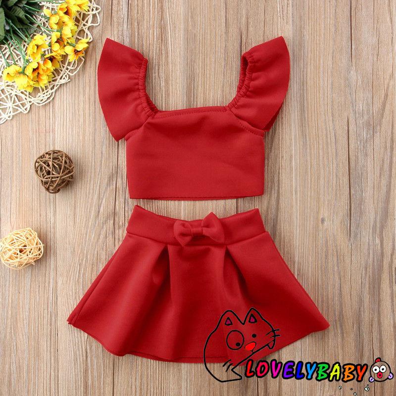 Set áo crop top trễ vai + chân váy xòe dễ thương cho bé gái