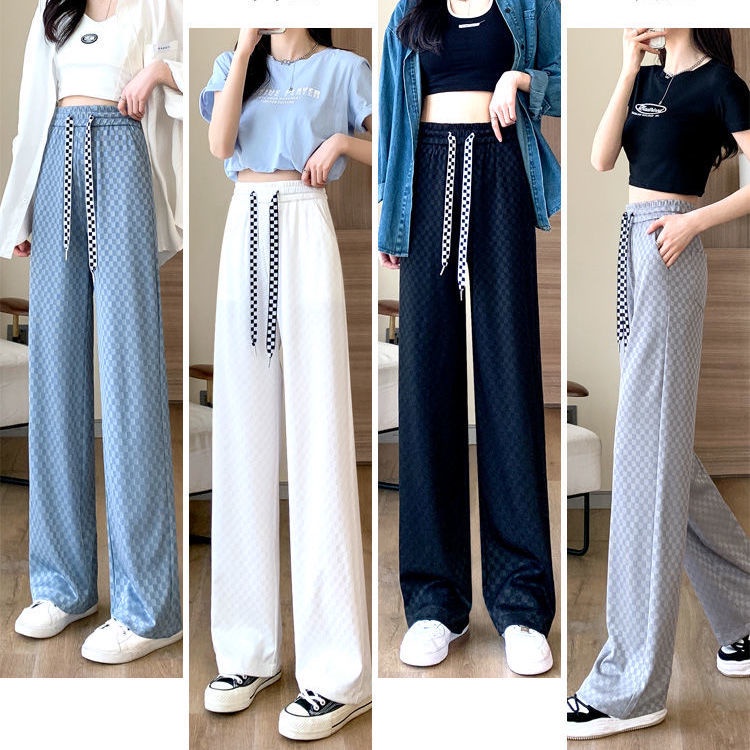Quần Dài Ống Rộng Họa Tiết Sọc Caro Thời Trang Cho Nữ