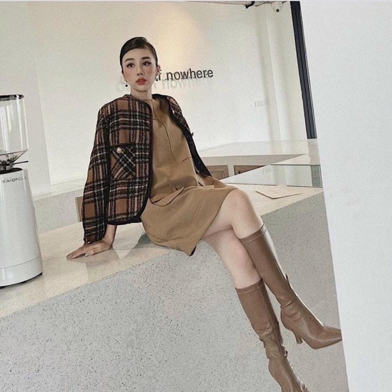 [Ảnh+ video tự chụp](nhập tutu78 giảm ngay 30k) Áo khoác dạ nữ dài tay TWEED kẻ nâu cúc ngọc