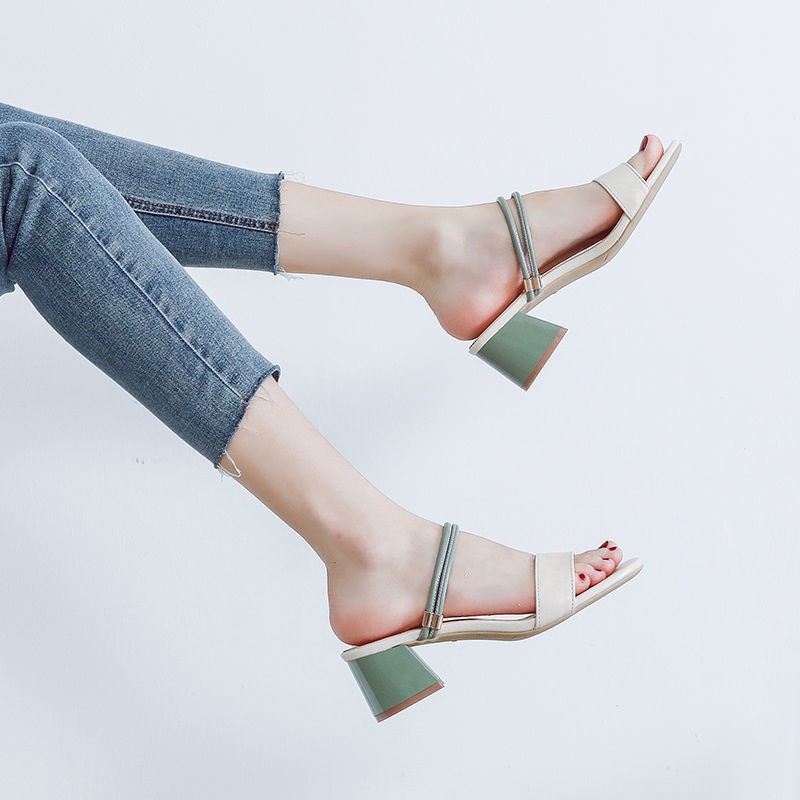Sandal quai ngang bản to gót vuông 5 phân 2 màu xanh và nâu siêu xinh (ảnh thật ở cuối)