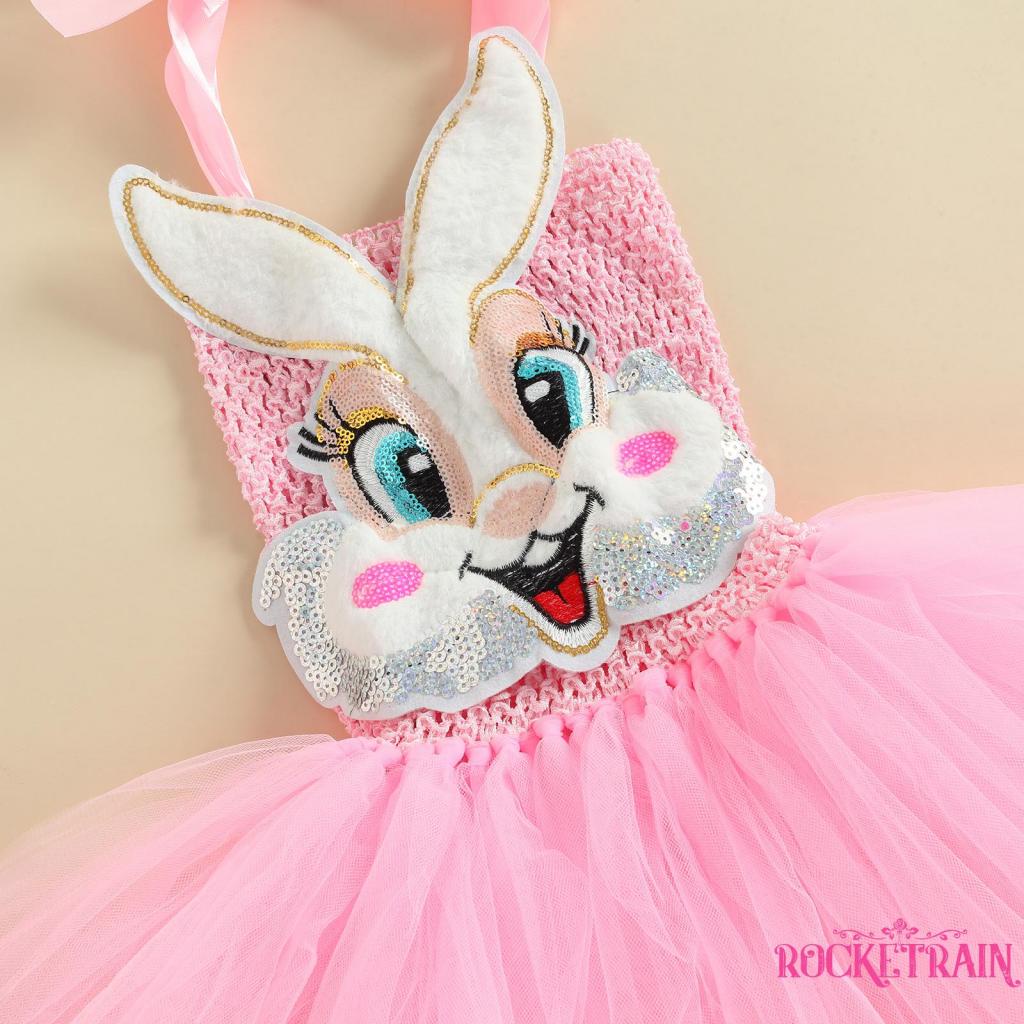 ◐Ne✲Đầm Không Tay Hở Lưng Họa Tiết Thỏ Hoạt Hình Thời Trang Dự Tiệc Cho Bé Gái