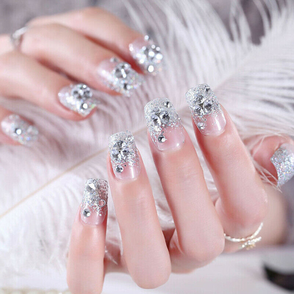 Móng Tay Giả Kèm Keo Dán Trang Trí Cho Nữ|Móng Tay Giả Đính Đá Kim Cương Toàn Diện Hình Vuông Tự Nhiên