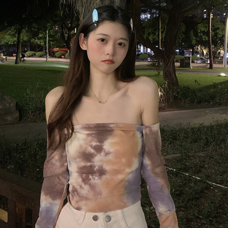 Áo Dệt Kim Tay Dài Hở Vai Màu Nhuộm Phong Cách Hàn Quốc